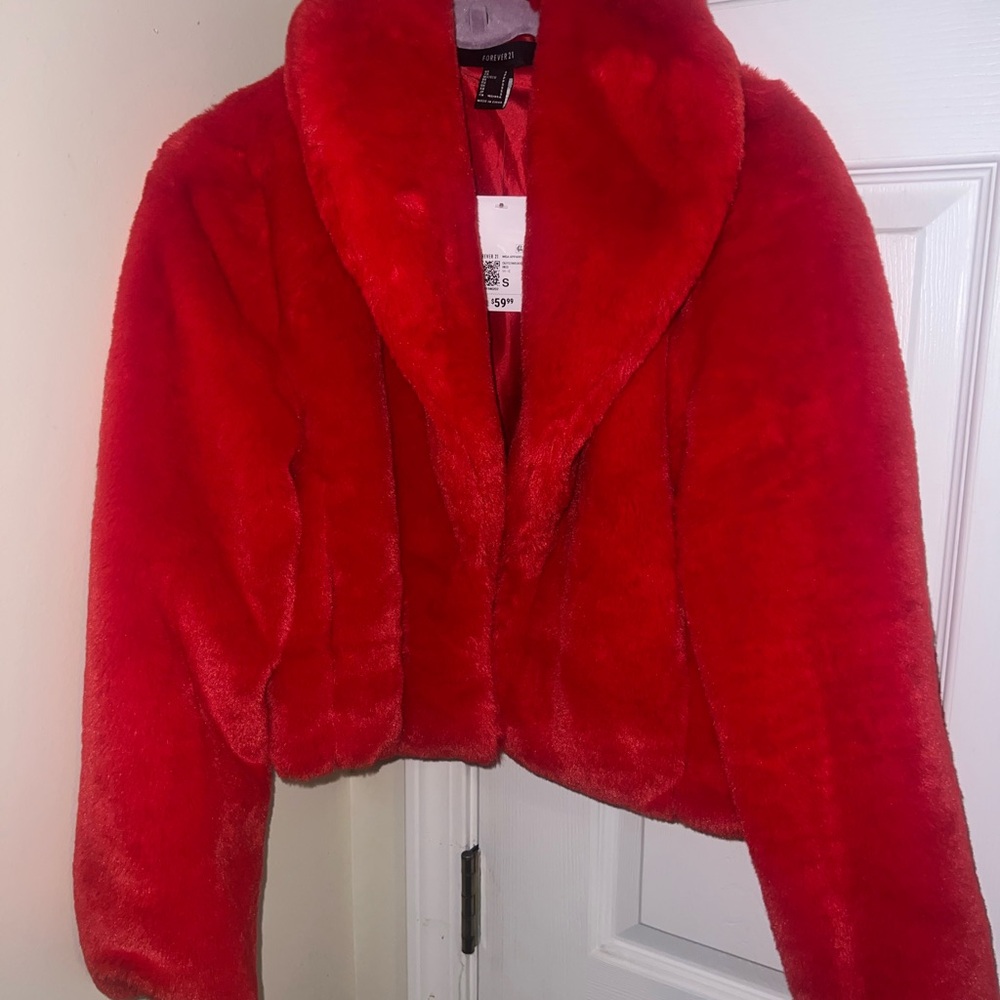 Forever 21 Red Plush Cropped Teddy Jacket